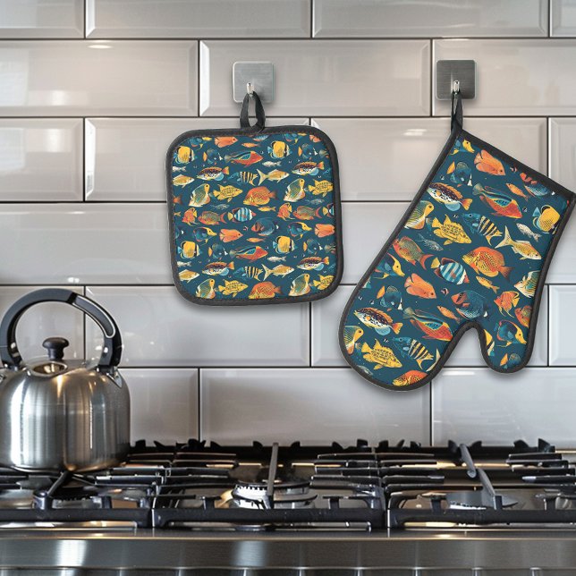 Navy Sea Fish Ocean Beach house Navy Oven Mitt & Pot Holder Set (Creator Uploaded)