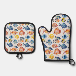 Navy Sea Fish Ocean Beach house  Oven Mitt & Pot Holder Set