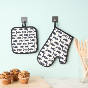 Navy Sea Fish Ocean Beach house Scandinavian  Oven Mitt & Pot Holder Set