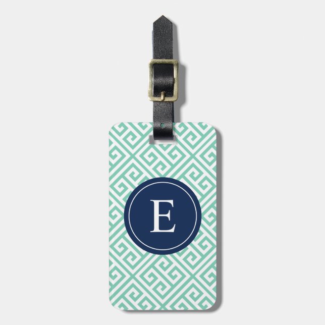 Navy & Seafoam Greek Key | Luggage Tag (Front Vertical)
