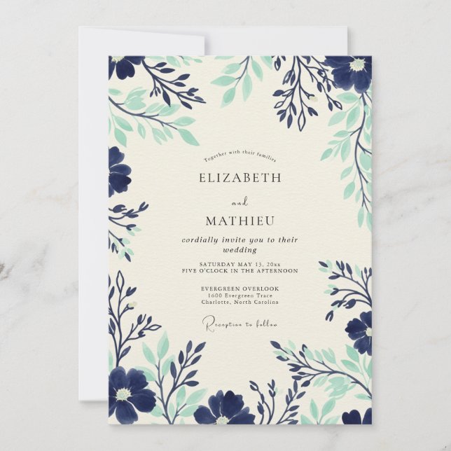 Navy Seafoam Timeless Botanical Wedding Invitation (Front)