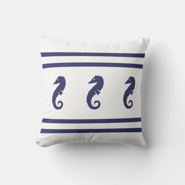 navy  SEAHORSE  on  white  PILLOW coastal living (Front)