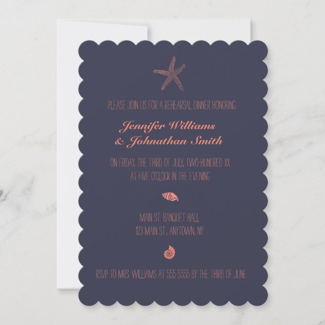 Navy shell rehearsal dinner invitations scalloped (Front)