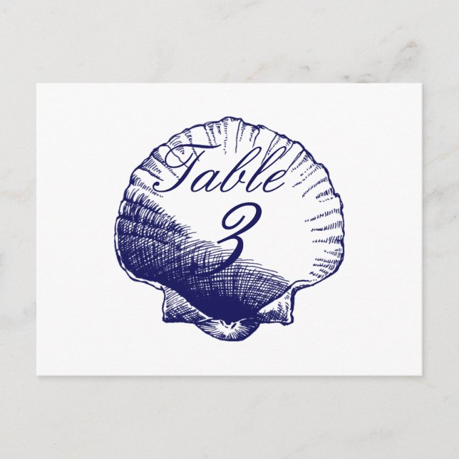 Navy Shells Beach Wedding Table Number Cards (Front)