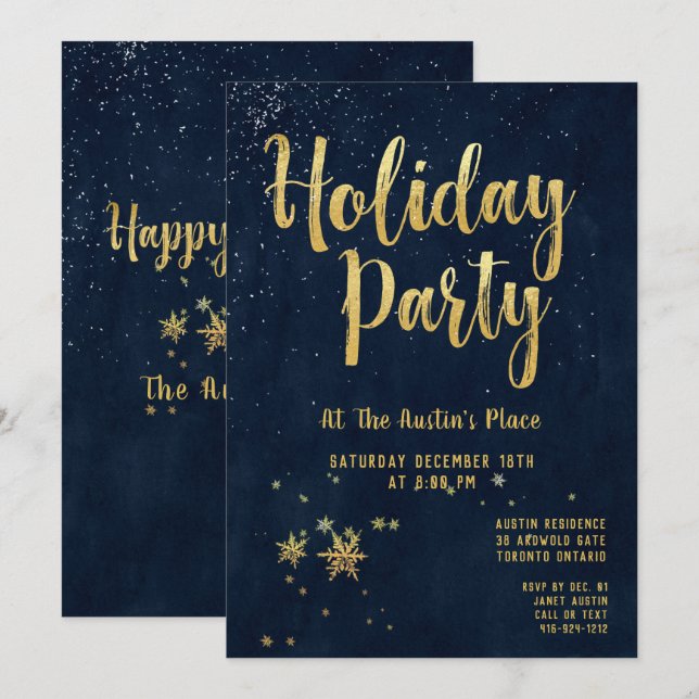Navy & Shimmering Gold Calligraphy Holiday Party Invitation (Front/Back)