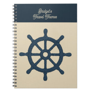 navy ship wheel with Beige name Coastal travel Notebook