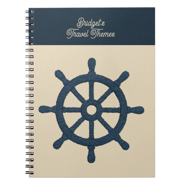 navy ship wheel with Beige name Coastal travel Notebook (Front)