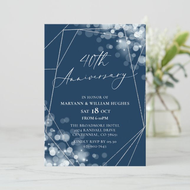 Navy & Silver 40th Wedding Anniversary Invitation (Standing Front)