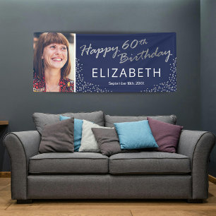 Navy Silver 60th Birthday Photo Banner