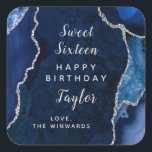 Navy Silver Agate Sweet Sixteen Happy Birthday Square Sticker<br><div class="desc">This elegant and glamourous sticker can be personalised with a name or title such as daughter,  granddaughter,  niece,  friend etc. The design features a navy blue agate marble background with faux silver glitter accents. The text combines handwritten script and modern sans serif fonts for a classy and sophisticated look.</div>