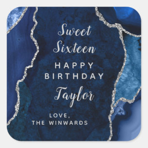 Navy Silver Agate Sweet Sixteen Happy Birthday Square Sticker