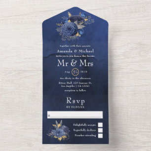 Navy, Silver and Gold Floral Wedding All In One In All In One Invitation