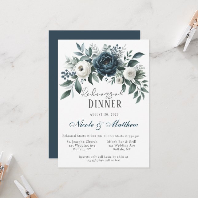 Navy & Silver and Ivory Floral Rehearsal Dinner Invitation (Front/Back In Situ)