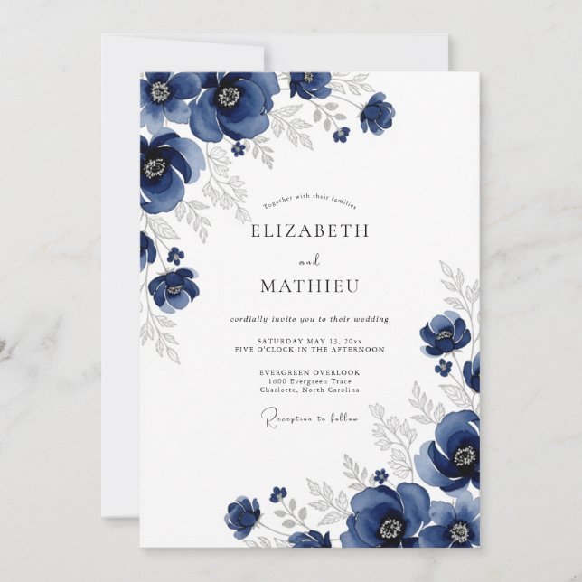 Navy Silver Anemone Winter Wedding Invitation (Front)