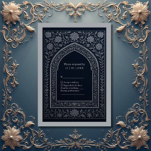 navy silver Arabic arch Wedding RSVP Card
