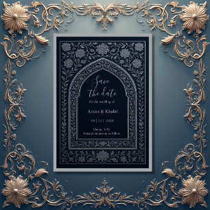 navy silver Arabic arch Wedding save the date  Invitation