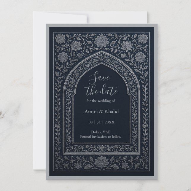 navy silver Arabic arch Wedding save the date  Invitation (Front)