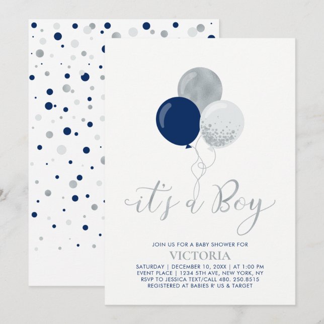 Navy & Silver Balloons | It's a Boy Baby Shower Invitation (Front/Back)