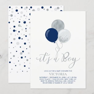 Navy & Silver Balloons   It's a Boy Baby Shower Invitation