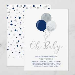 Navy & Silver Balloons   Oh Baby Boy Baby Shower Invitation