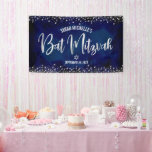 Navy Silver Bat Mitzvah Modern Foil Glitter Script Banner<br><div class="desc">Be proud, rejoice and showcase this milestone of your favourite Bat Mitzvah! Hang up this stunning, modern, stylish, personalised banner to add to her special day. Sparkly, faux silver foil calligraphy script and confetti glitter dots overlay a sophisticated, dramatic navy blue watercolor background. Personalise the custom text with your Bat...</div>