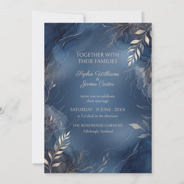 Navy Silver Botanical Marble Wedding Invitation (Front)