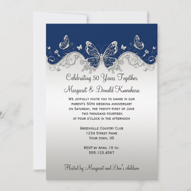 Navy Silver Butterflies 25th Anniversary Invitation (Front)
