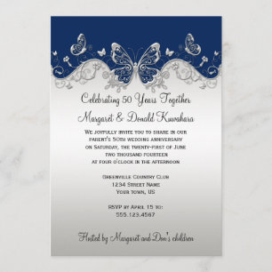 Navy Silver Butterflies 25th Anniversary Invitation