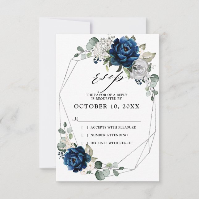 Navy Silver Champagne Ivory Geometric Wedding RSVP Card (Front)
