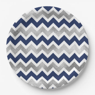 Navy Silver Chevron baby shower decor Paper Plate
