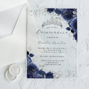Navy Silver Clear Acrylic Floral Quinceanera  Invitations