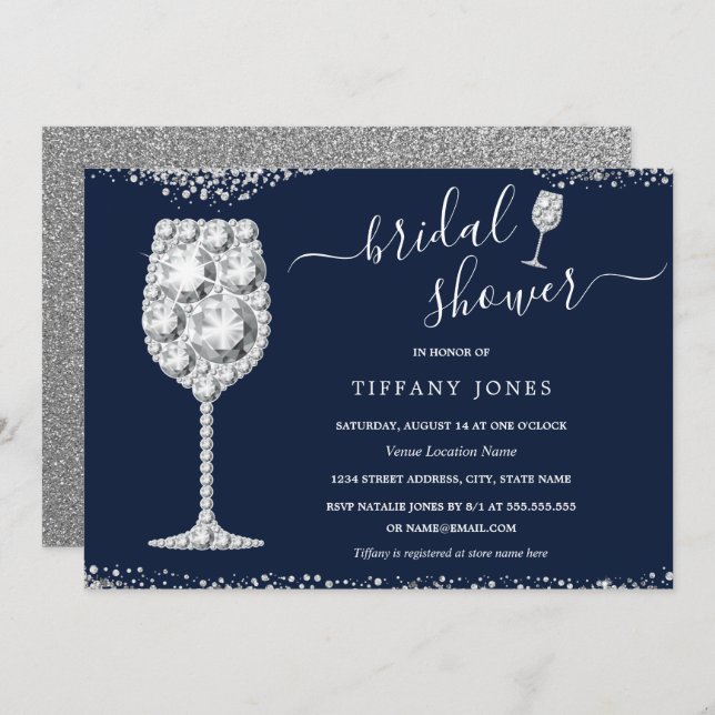 Navy Silver Diamond Bubbly Bridal Shower Invitation (Front/Back)
