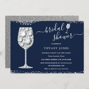 Navy Silver Diamond Bubbly Bridal Shower Invitation