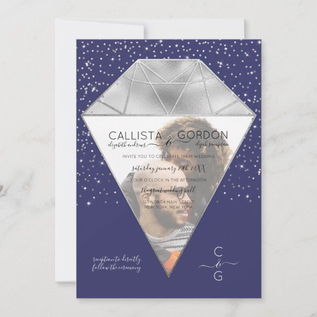 Navy Silver Diamond Confetti Glitter Photo Wedding Invitation (Front)