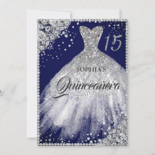 Navy Silver Diamond Lace Sparkle Gown Quinceanera Invitation