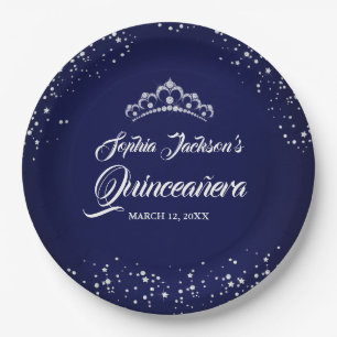 Navy Silver Diamond Sparkle Gown Quinceanera Paper Plate