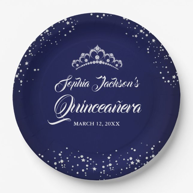 Navy Silver Diamond Sparkle Gown Quinceanera Paper Plate (Front)