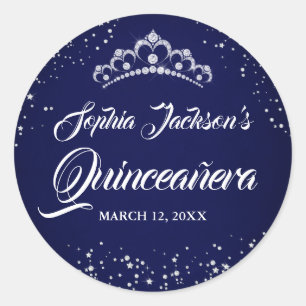 Navy Silver Diamond Sparkle Tiara Quinceanera Classic Round Sticker