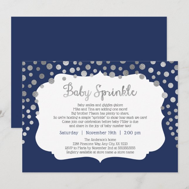 Navy silver Dot baby sprinkle invitations (Front/Back)