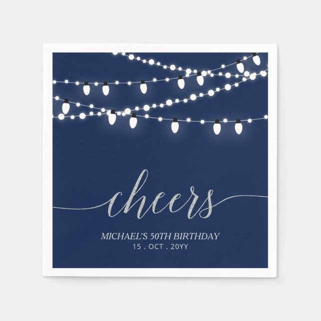 Navy & Silver Elegant Lights Adult Birthday Party Napkin (Front)