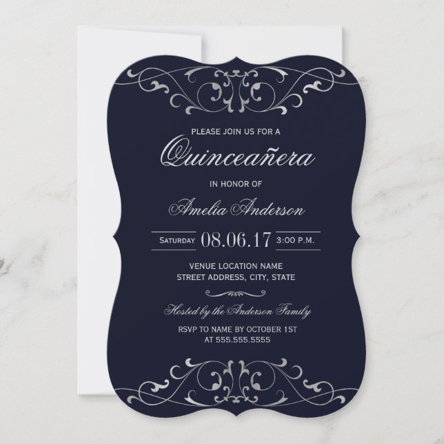 Navy Silver Elegant Quinceanera Invitation (Front)