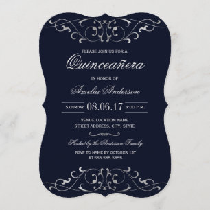 Navy Silver Elegant Quinceanera Invitation
