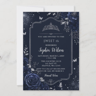 Navy Silver Floral Butterfly Sweet 16 Invitation