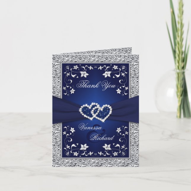Navy Silver Floral Hearts FAUX Foil Thank You Card (Front)