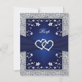 Navy Silver Floral Hearts FAUX Foil Wedding RSVP