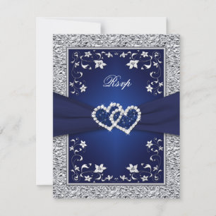 Navy Silver Floral Hearts FAUX Foil Wedding RSVP Card