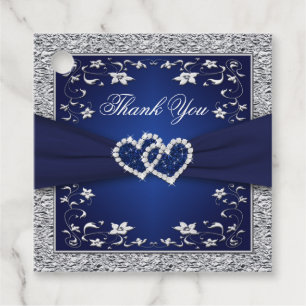 Navy, Silver Floral, Hearts Wedding Favour Tags