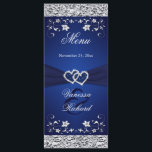 Navy, Silver Floral Joined Hearts Menu Card<br><div class="desc">This elegant navy blue and silver grey floral menu card with a PRINTED ribbon and a pair of PRINTED diamond and glitter joined hearts brooch with silver grey flowers, vines, and leaves and a FAUX silver foil border on it matches the wedding invitation shown below. It is designed on a...</div>