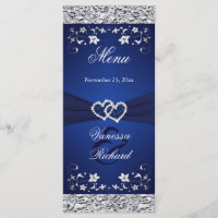 Navy, Silver Floral Joined Hearts Menu Card