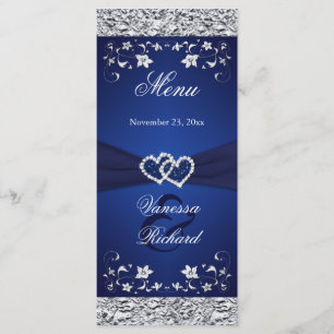 Navy, Silver Floral Joined Hearts Menu Card
